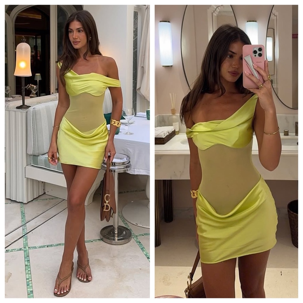 NEW Natalie Rolt Elodie Mini Dress (Sz 2 / US 6) Silk Satin Mesh Chartreuse - Picture 4 of 14